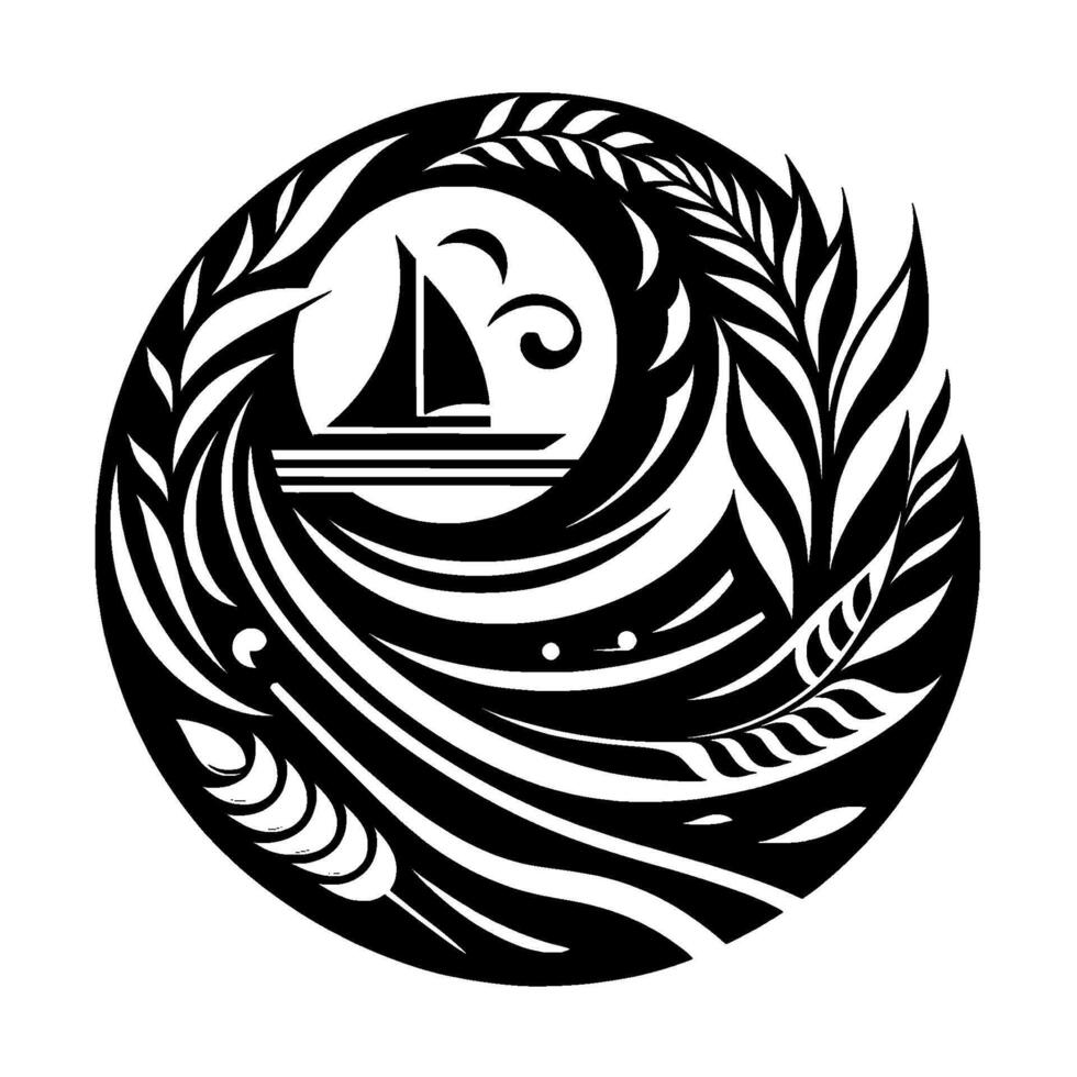 Black and White Circular Nautical Emblem featuring a Sailboat, Waves, and Stylized Leaves. vector