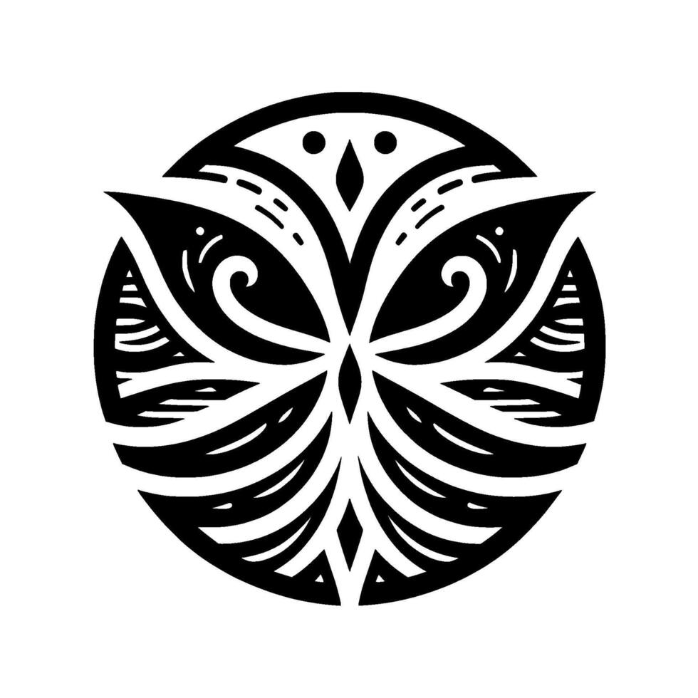 A symmetrical black and white circular featuring stylized floral or leaflike shapes arranged around a central point, evoking a sense of balance and harmony. vector
