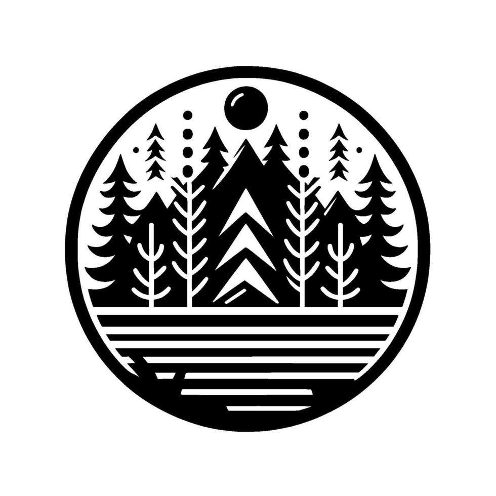 Monochromatic, Circular Nature Emblem Pine Trees and Mountain Silhouette under a Sun, Evoking Serenity and Wilderness. vector