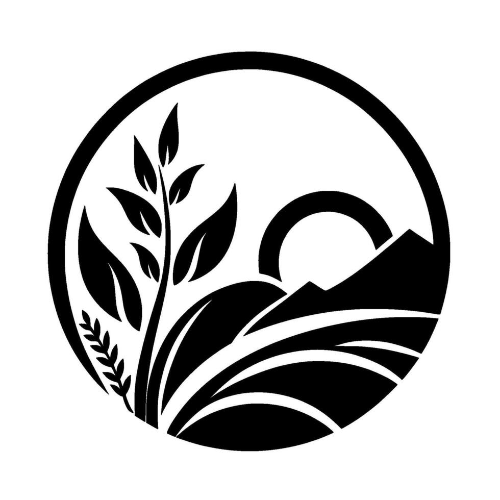 Monochromatic circular emblem depicting a stylized landscape rising sun, mountains, fields of wheat, and stylized vegetation. vector