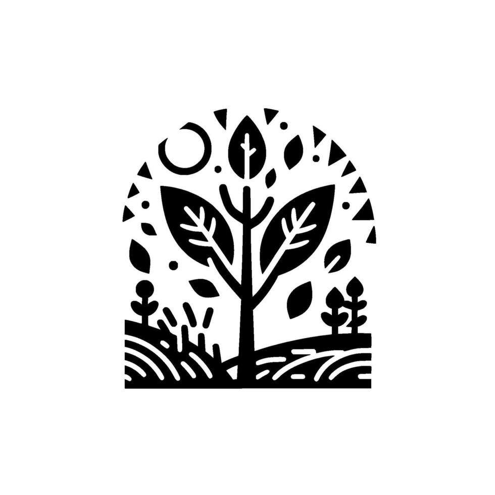Minimalist black and white natureinspired illustration featuring a stylized tree with leaves, grassy ground, and a crescent moon within an arched frame, evoking a sense of tranquility. vector