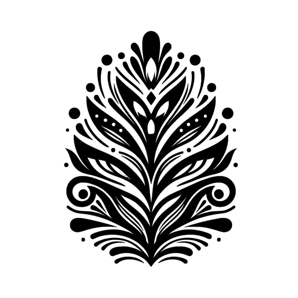 Intricate Black and White Ornamental Featuring a Symmetrical, LeafLike Motif, with a Playful Arrangement of Lines, Dots and Subtle Gray Accents. vector
