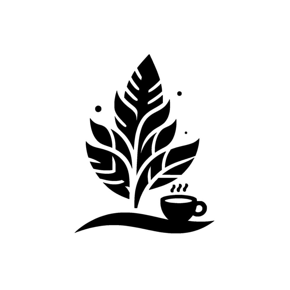 Monochrome Leaf and Tea Cup A stylized blackandwhite illustration of a leafy plant element and a steaming teacup, evoking calmness. vector