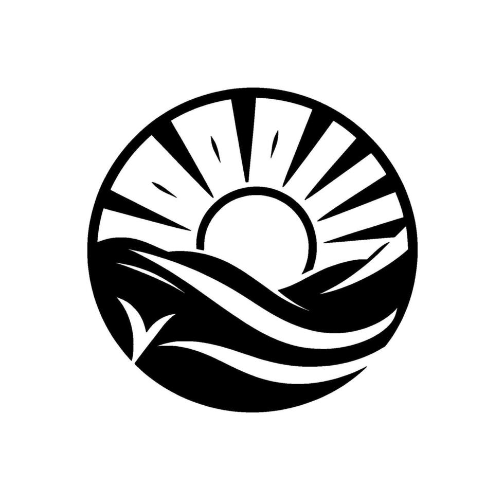 Black and White Circular Emblem Rising Sun Over Rolling Waves, Depicting Serene Coastal Sunrise. vector