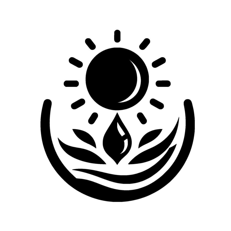 Symbolic Monochrome Depicting a Sun Radiating Above a Water Droplet within a Curved Vessel, suggesting harmony. vector