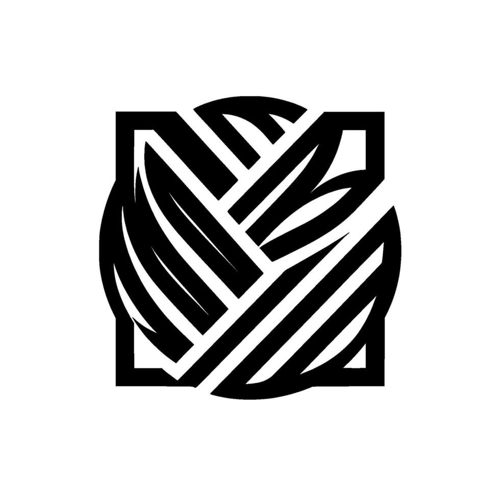 Geometric featuring a circular pattern within a square frame, rendered in black and white with leaflike elements, abstract aesthetic. vector