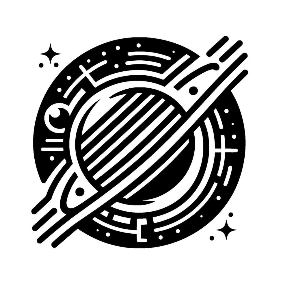 Minimalist Celestial Illustration Black and White depiction of a planet with rings and orbiting elements, set against a stark white backdrop. vector