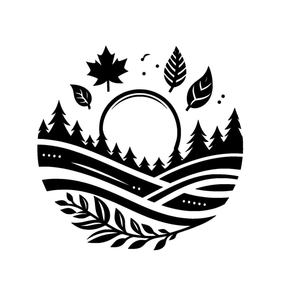 Circular Black and White Nature Illustration Forest, Leaves, and Hills Frame a Blank Circle. vector