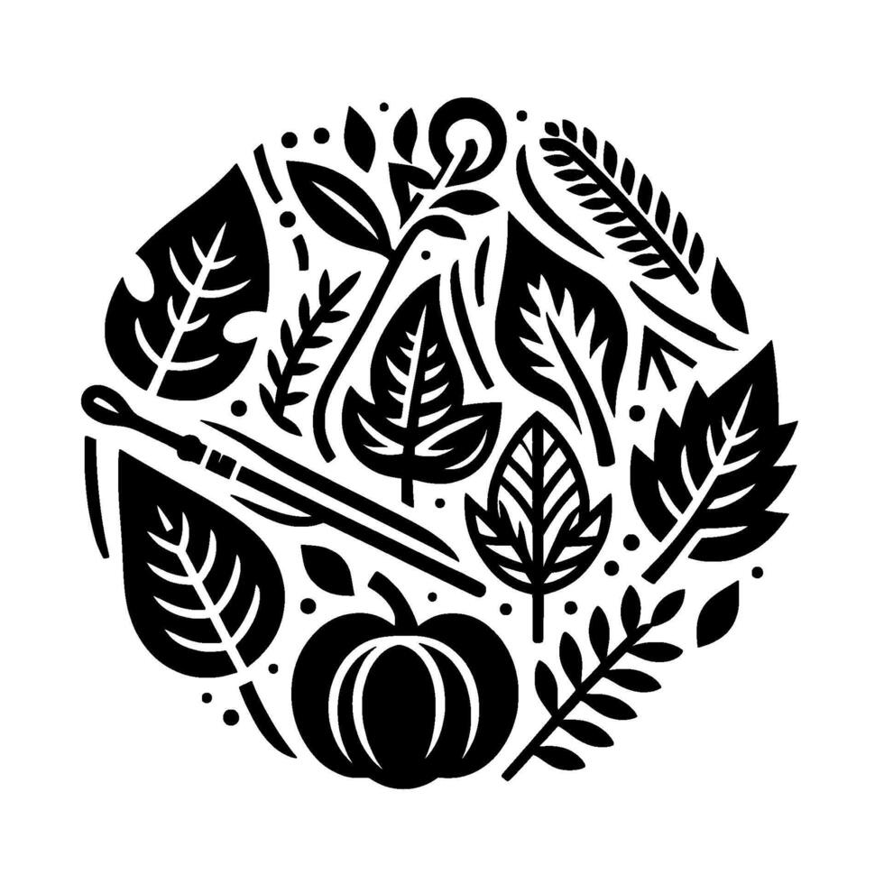 Botanical Emblem A Circular Composition of Stylized Leaves, Plants, and a Pumpkin in Bold Black and White. vector