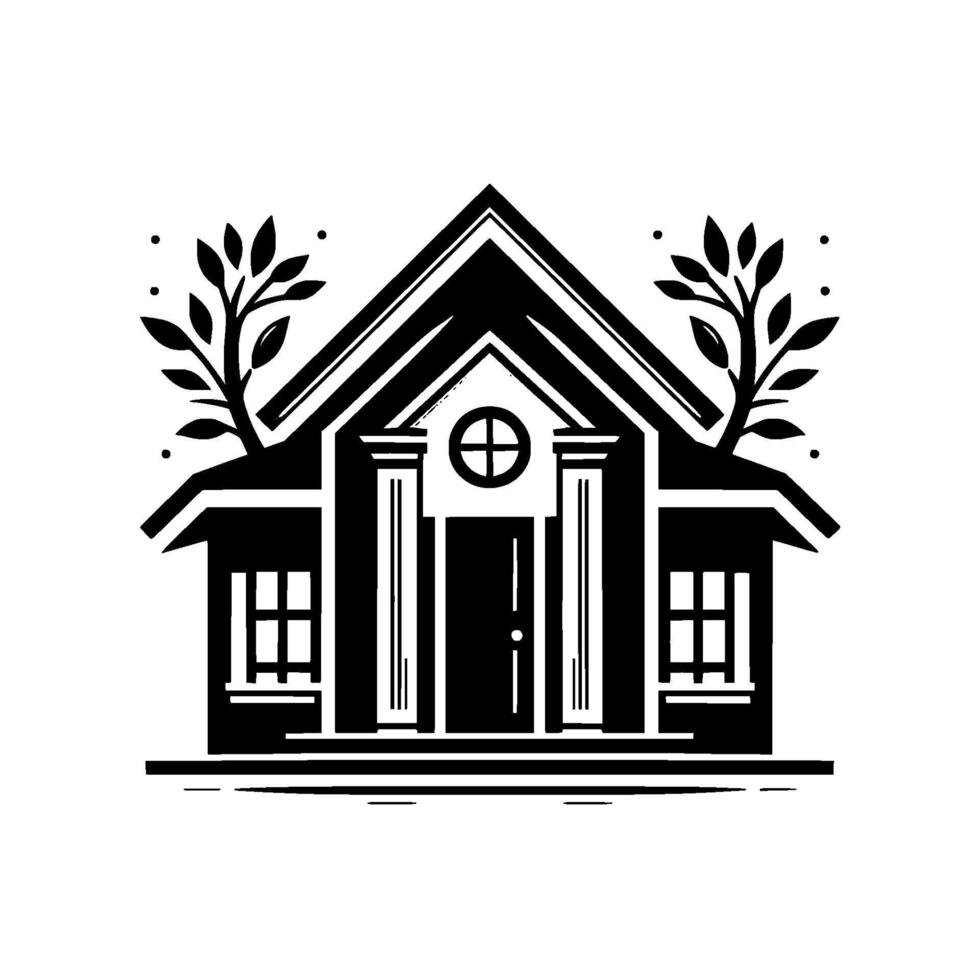 Black and White Illustration Stylized House with Minimalist Architecture, featuring a rounded window, symmetrical , and treelike accents for a clean, modern look. vector