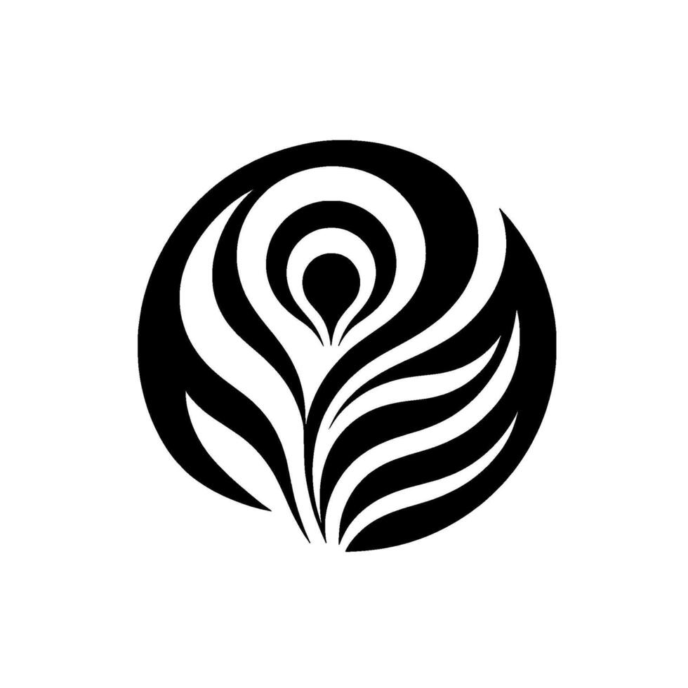 Abstract black and white floral within a circular frame, minimalist, symmetrical, and symbolic, evoking growth and serenity. vector