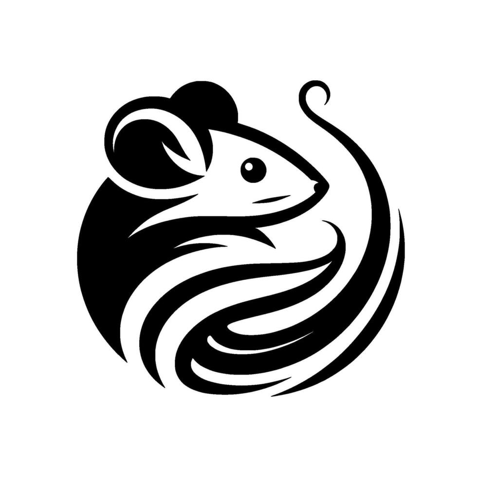 A stylized black and white illustration of a mouse curled within a circular, wavelike , creating a modern emblem. vector