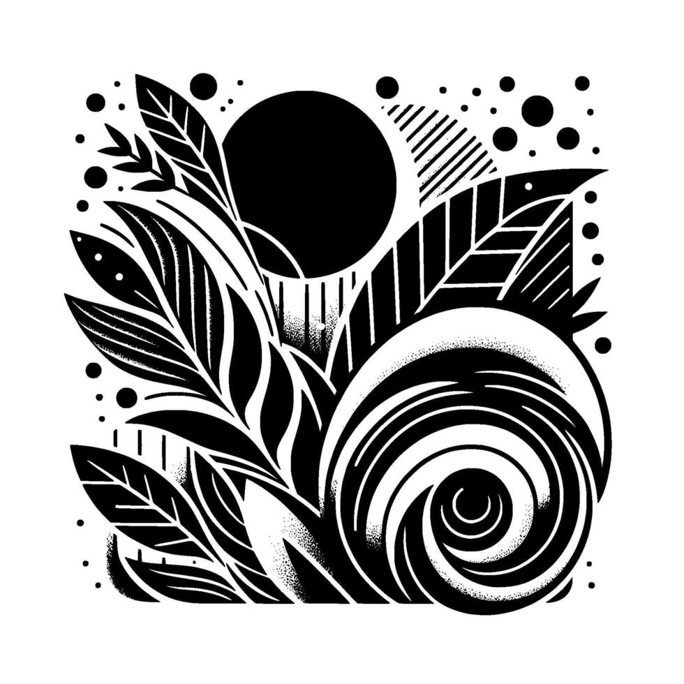 An intricate black and white geometric floral composed of stylized leaves, a spiraling vortex, dot elements, and a large circular sun, set against a pristine white background. vector