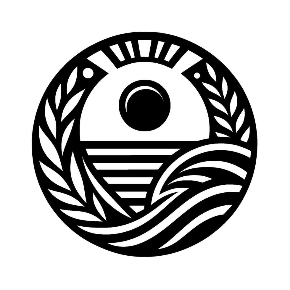 A stylized black and white circular emblem depicting a sunset over water, framed by foliage and enclosed in a circle. vector
