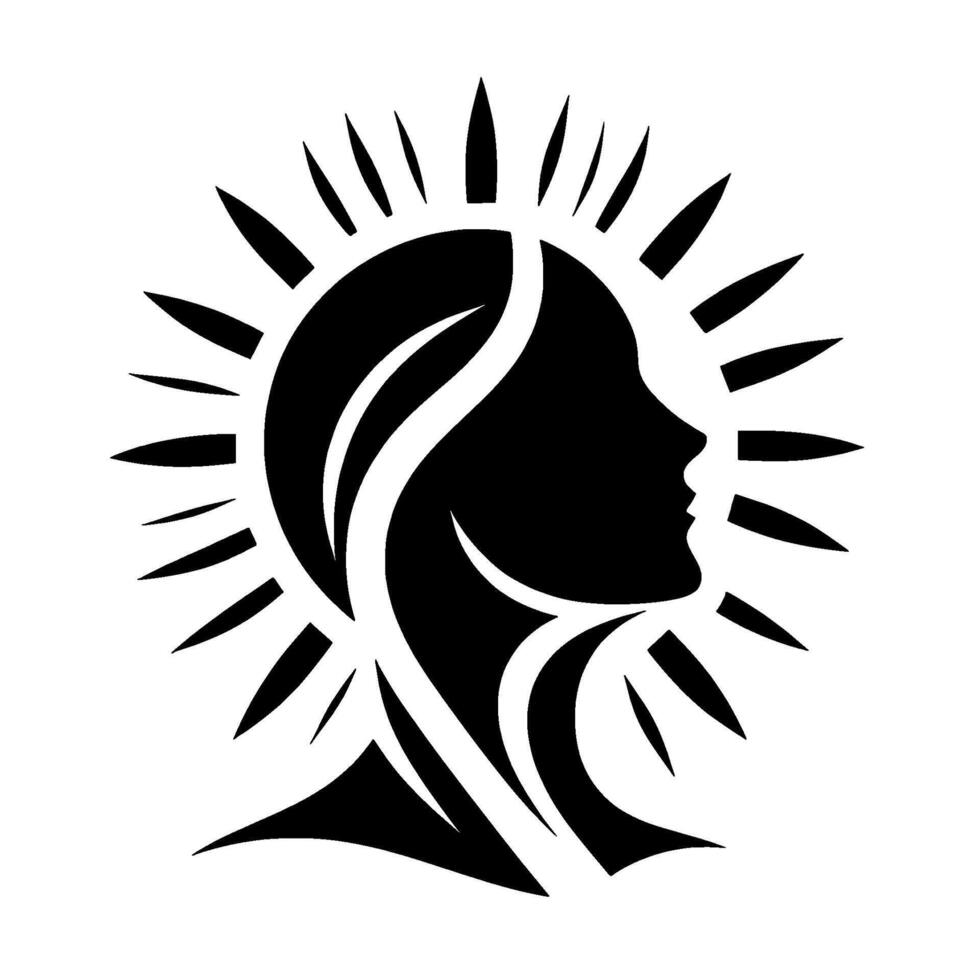 A stylized, minimalist silhouette of a womans profile radiant with light, embodying strength, beauty, and inner illumination, rendered in stark black and white. vector