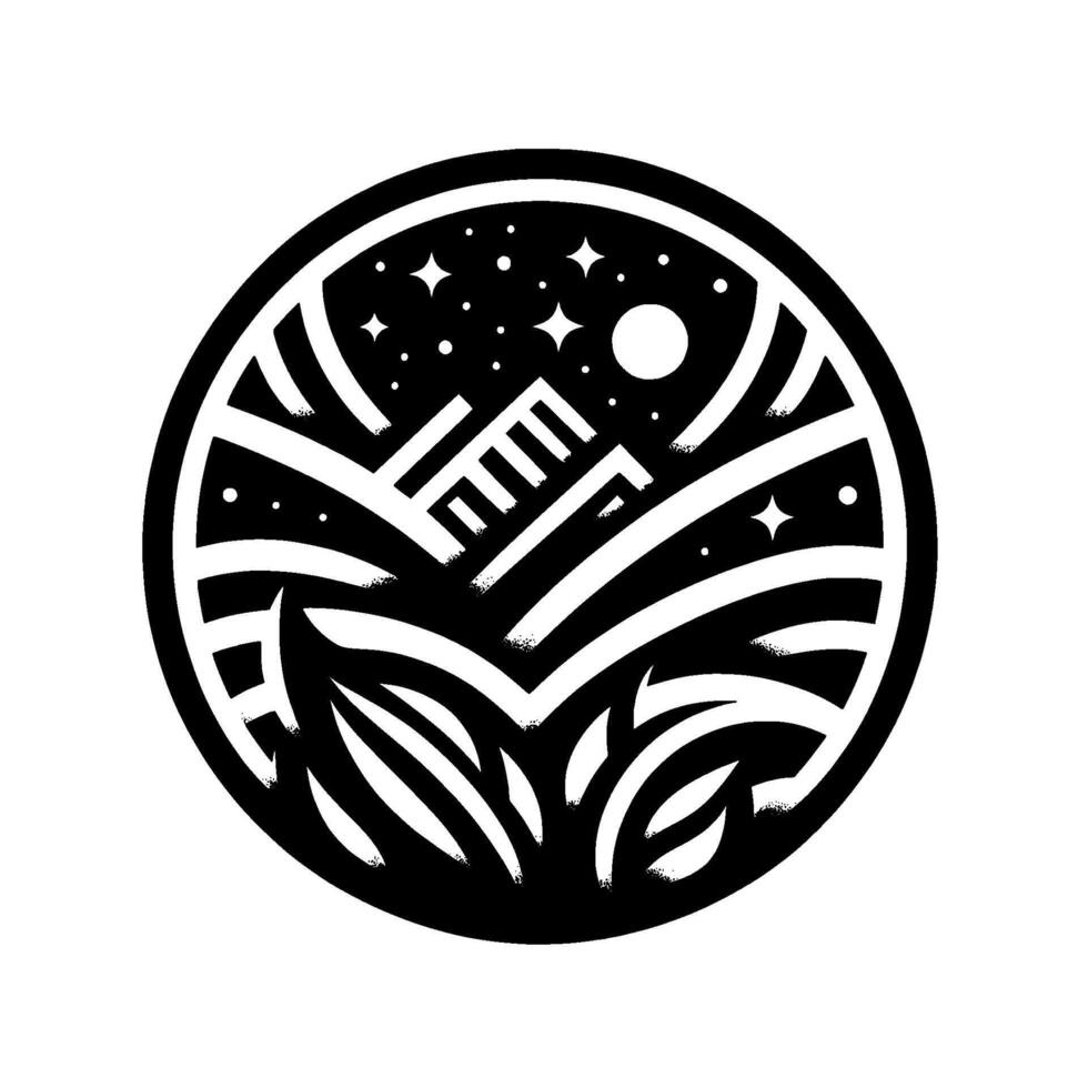 A stylized, circular, black and white illustration of a mountain landscape under a starry night sky, with foliage in the foreground and geometric shapes. vector