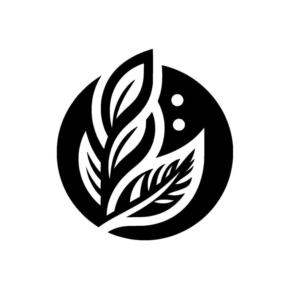 Minimalist Black and White of Stylized Leaves Within a Circle, Emphasizing Nature and Organic Form. vector