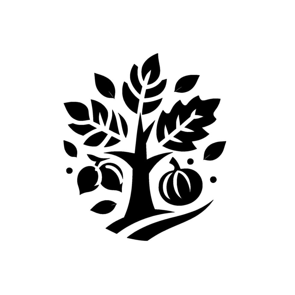 Stylized Black and White Orchard Illustration Tree with Fruit and Foliage on White Background, Minimalist . vector