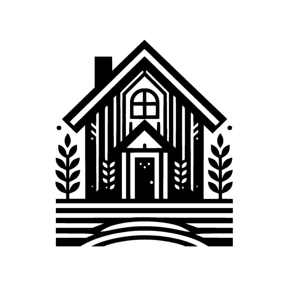 A Minimalist Black and White Illustration of a Cozy Cottage with Botanical Elements, Creating a Sense of Simplicity and Tranquility. vector
