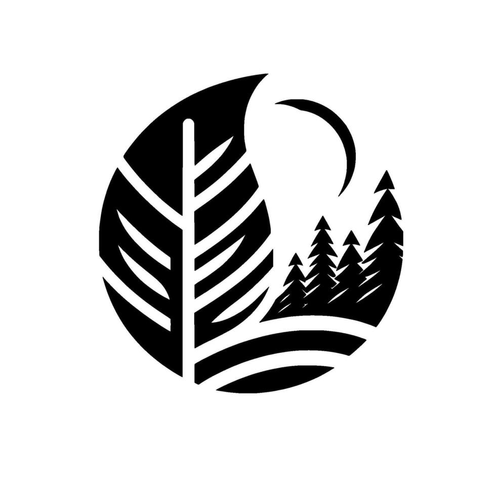 Abstract black and white natureinspired , featuring a stylized leaf and evergreen trees, conveying harmony and natural beauty. vector