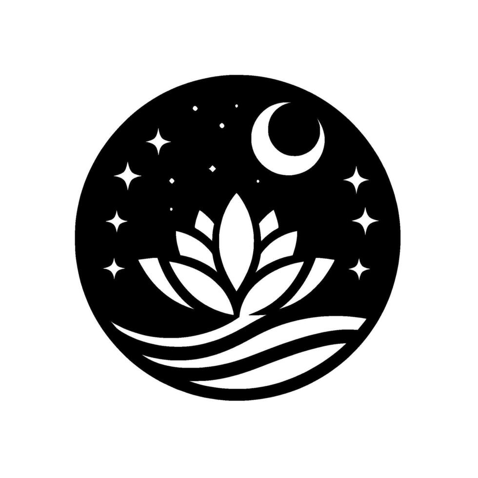 Serene Black and White Circular A Lotus Flower Floating on Water, Under a Crescent Moon and Stars, Representing Peace and Tranquility. vector