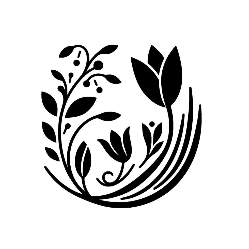 Elegant Black White Floral Arrangement in Circular Composition featuring Flowers, Berries, and Leaves, Evoking Simplicity. vector