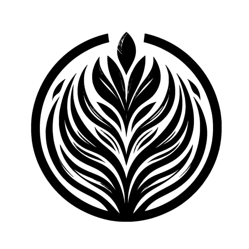 A stylized black and white floral emblem, centrally featuring an abstract, symmetrical leaf arrangement enclosed within a segmented circular frame, with subtle shadow detailing. vector