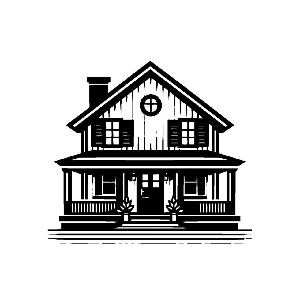 Classic Black and White Illustrated TwoStory House with Porch, Shutters, and Architectural Details. vector