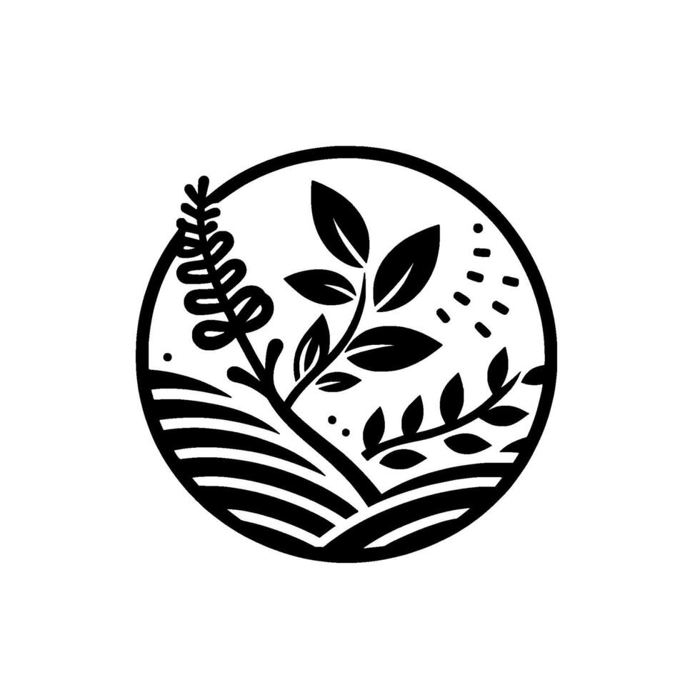 A minimalist circular botanical illustration featuring stylized plants, leaves, and a field landscape, rendered in bold black lines. vector