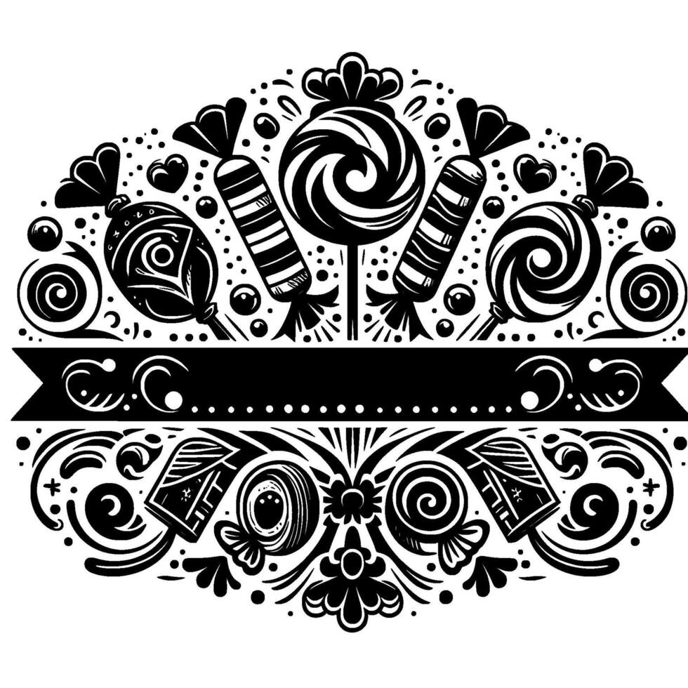 Intricate Black and White Candy Frame Featuring Lollipops, Swirls, Ribbon, and Floral Elements vector