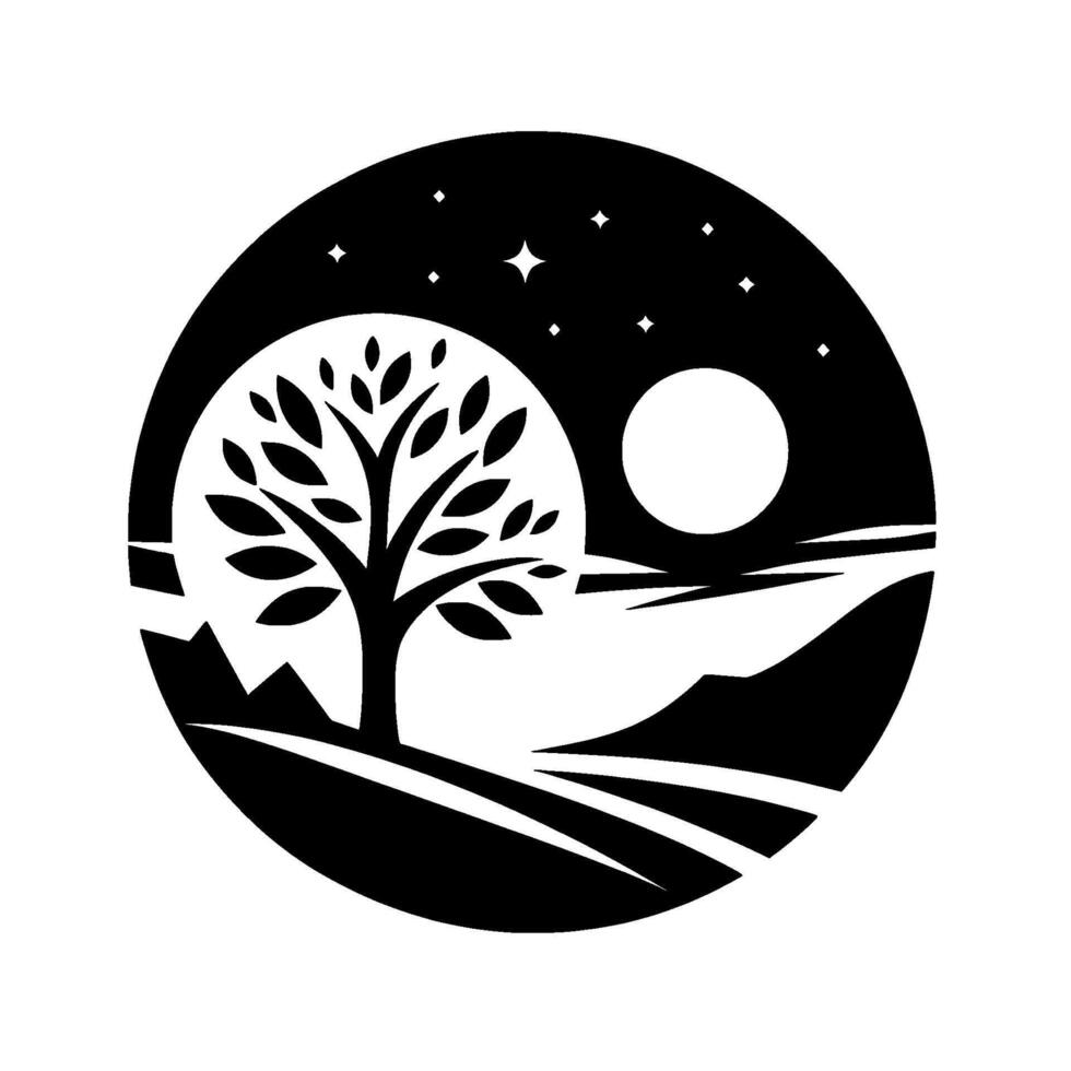 A stylized black and white landscape in a circle depicting a silhouetted tree, moon, stars, and rolling hills under a night sky. vector