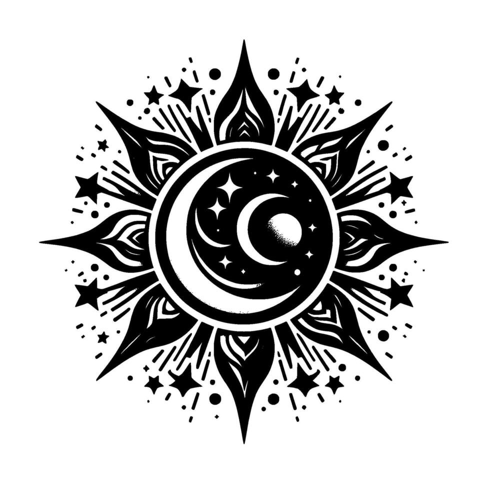 Intricate Black and White Celestial Mandala Crescent Moon and Stars within a Radiating Floral Burst on White vector