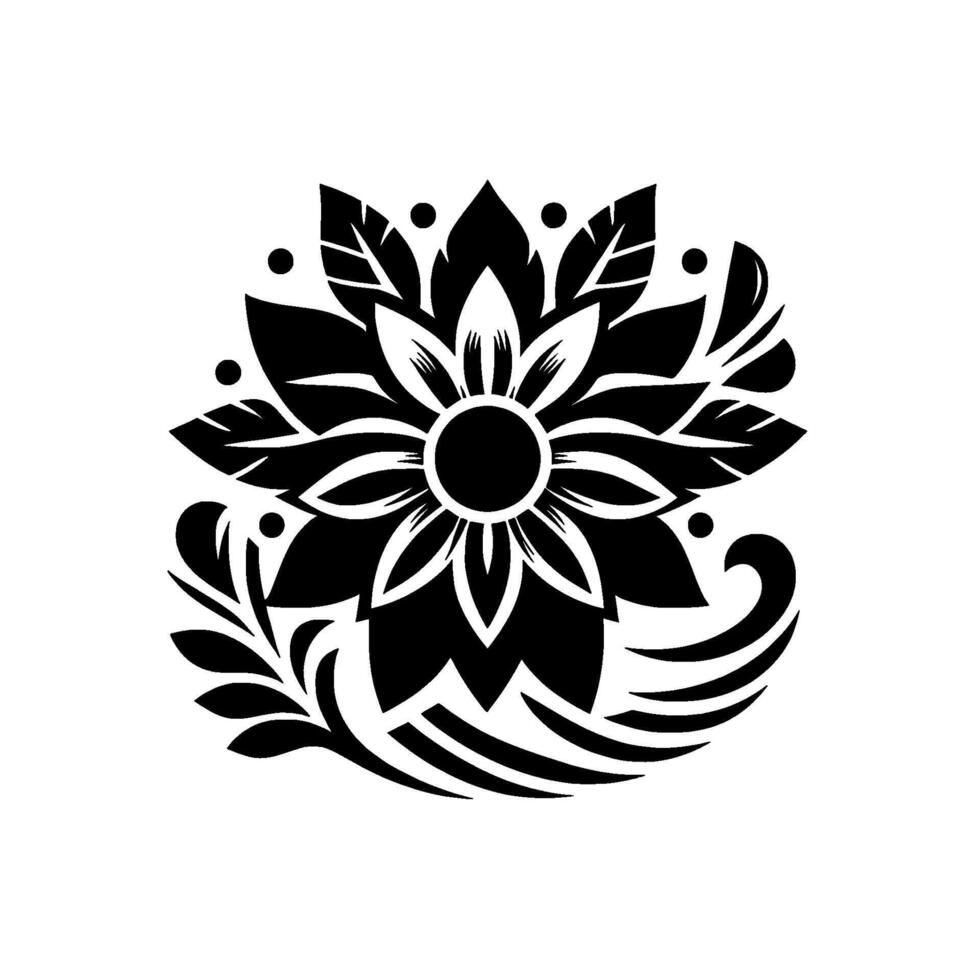 Elegant monochrome floral mandala featuring layered petals, leaves, and decorative swirls, radiating from a central black core on a white background. vector