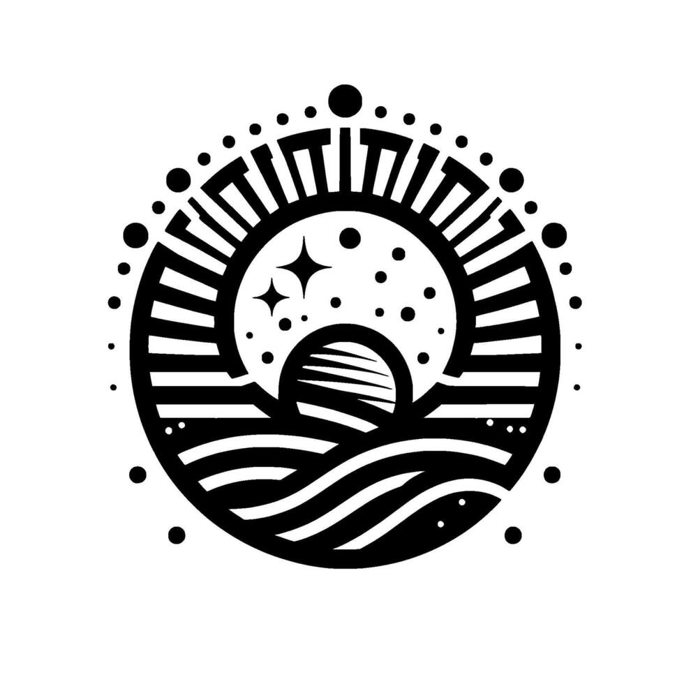 A stylized, circular black and white illustration featuring a sun, stars, and water waves, enclosed by a patterned border of small circles and rectangular shapes. vector