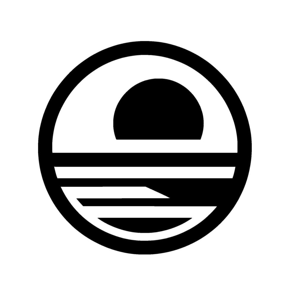 Minimalist black and white featuring a stylized sun setting over ocean waves, enclosed within a circular frame. vector