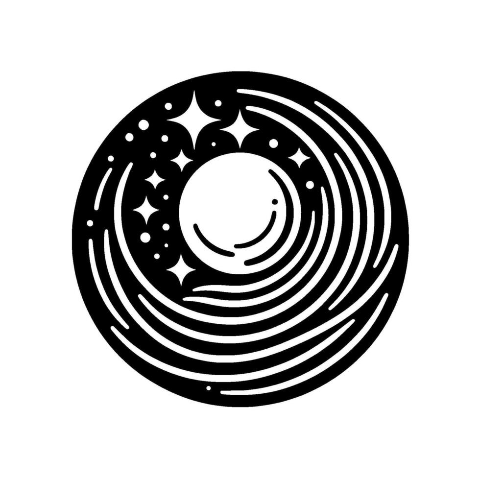 Black and white minimalist depiction of a cosmos, galaxy, or celestial body featuring concentric rings, stars, and an inner sphere on a white background. vector