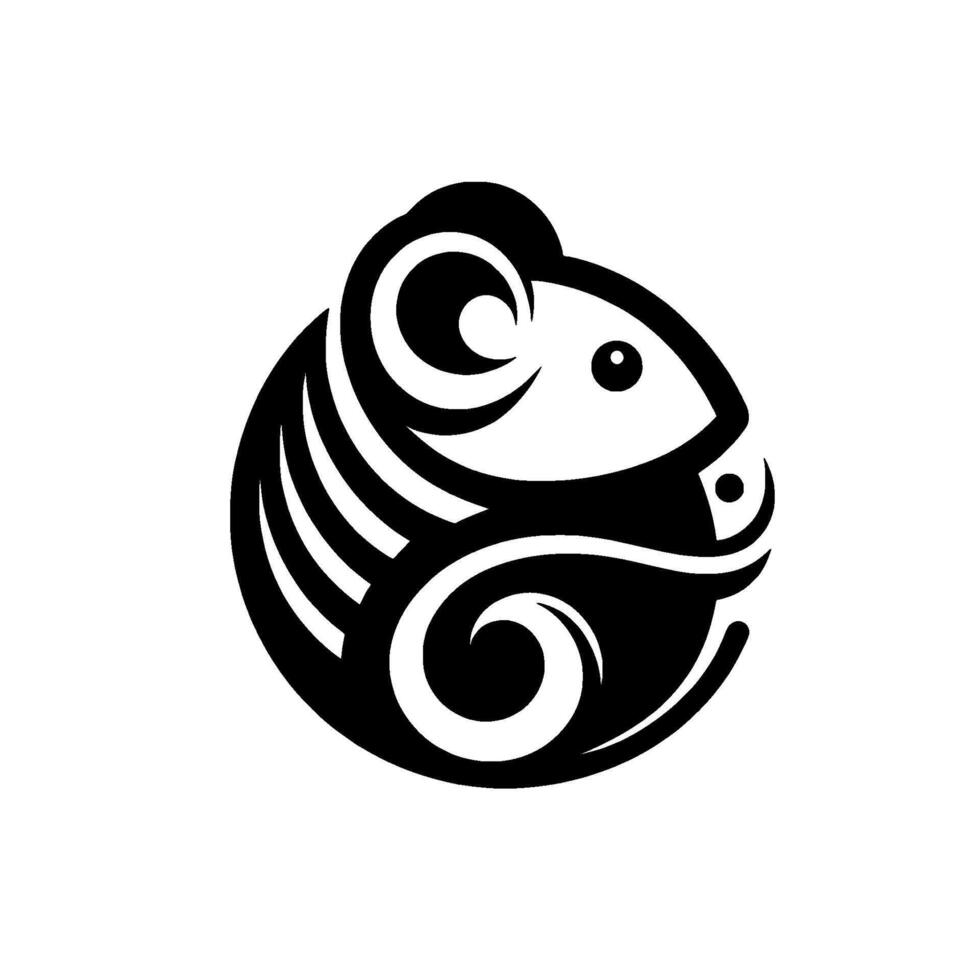 Stylized Black and White Mouse with Curvilinear Lines and Abstract Composition on White Background. vector