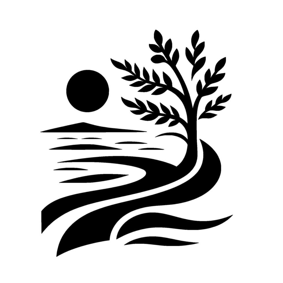 Minimalist black and white illustration of a serene landscape featuring a silhouetted tree, sun, water, and rolling hills. vector