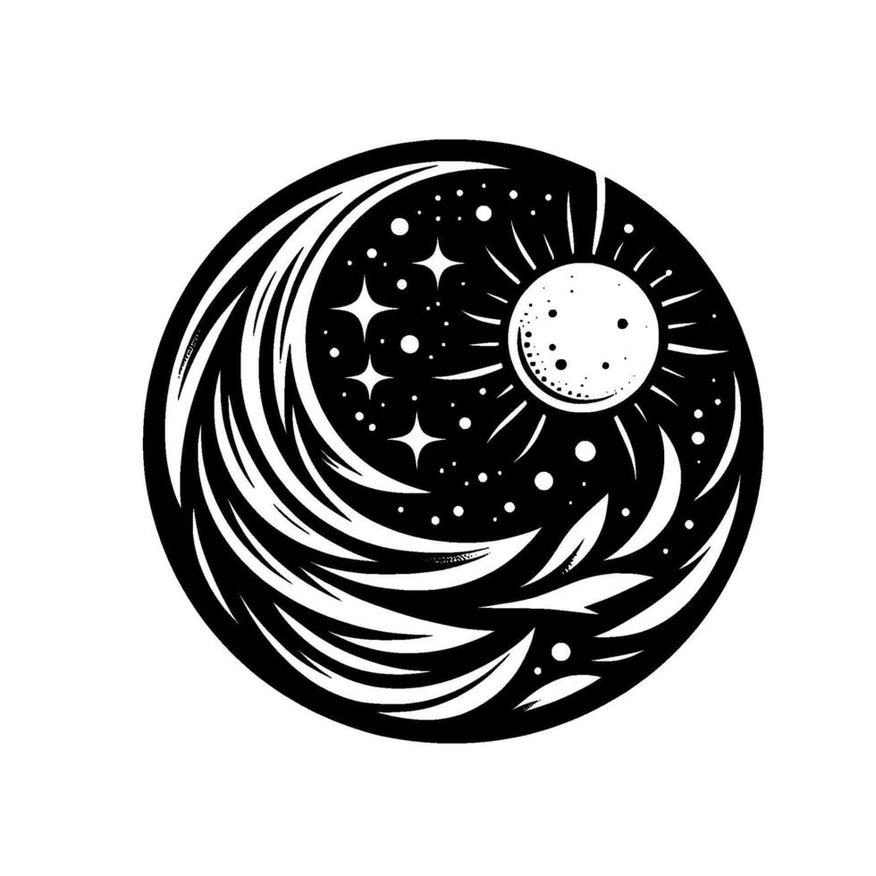 Symbolic Black and White Circular Celestial Composition Featuring Sun, Moon, Stars, and Swirling Elements, Harmony. vector