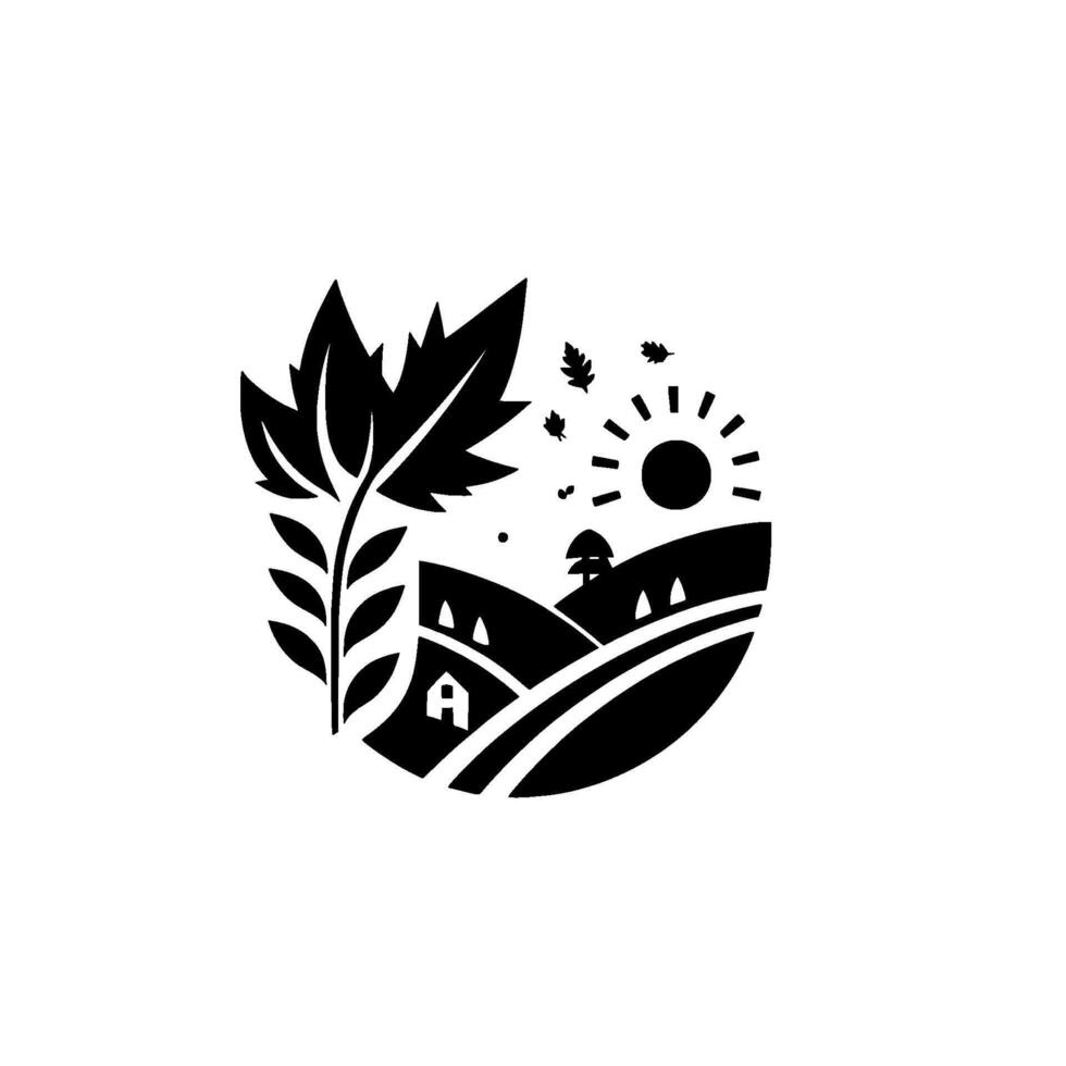 Stylized Monochrome Autumnal Landscape in Circular Frame, Depicting Farmhouse, Sun, Falling Leaves, and Tree vector