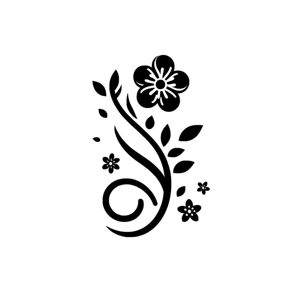 Elegant Black Floral A stylized monochrome composition featuring a flourishing vine, adorned with leaves, blossoms and delicate details, set against a white backdrop. vector
