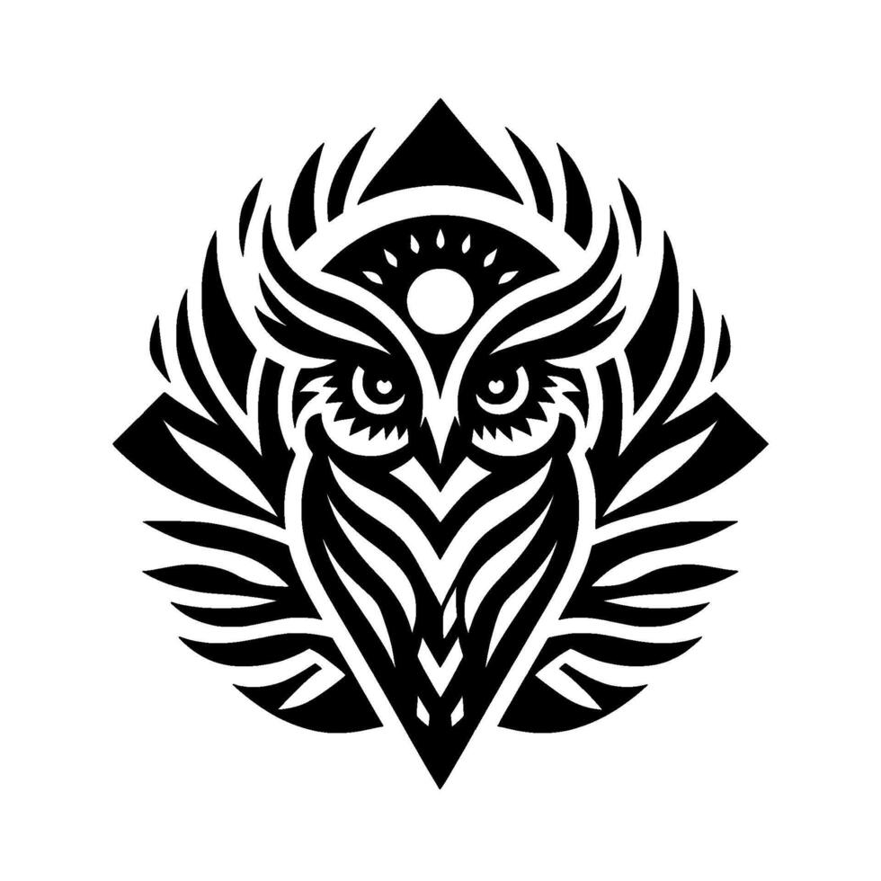 Stylized black and white owl illustration with geometric shapes, a central owl face, and radiating tribal wing pattern, set against a clean background. vector