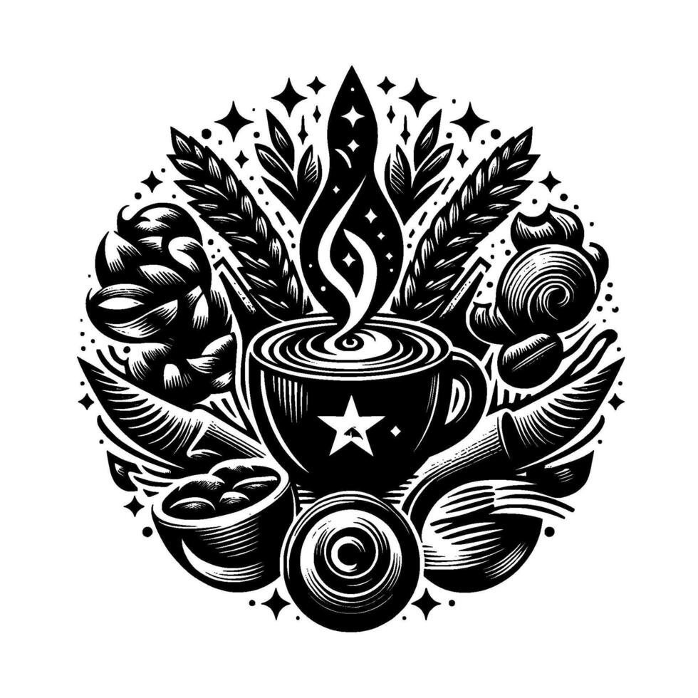 Black White Coffee Emblem Mug with Star, Swirling Steam, Grains, Bakery, Coffee Beans, and Starry Accents. vector
