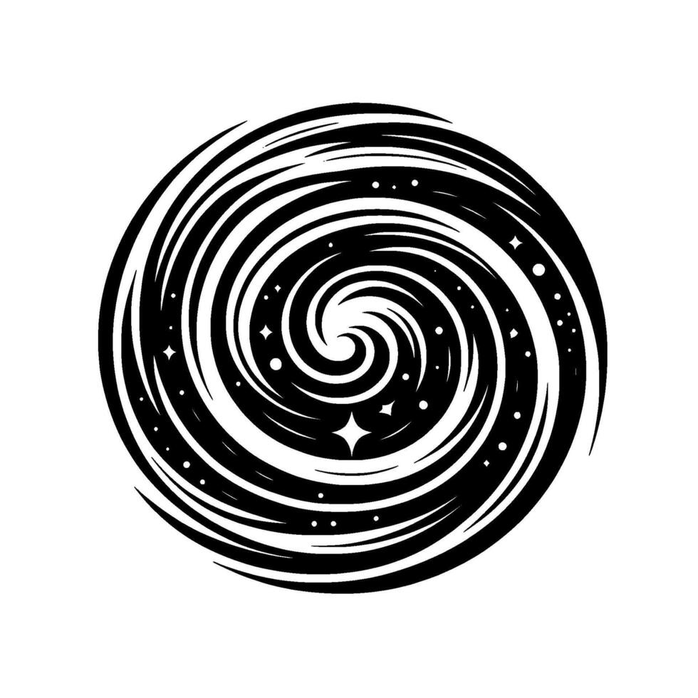 A stylized black and white illustration of a swirling galaxy, featuring spiral arms, stars, and a central vortex, set against a bright white backdrop. vector