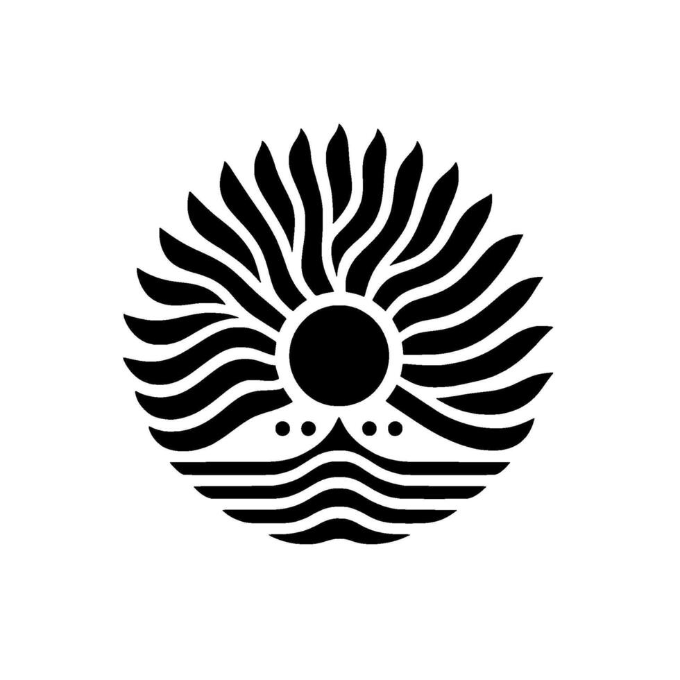 A symmetrical, stylized emblem, featuring a black sun with emanating rays above wavy lines suggesting water, a minimalist and symbolic representation. vector