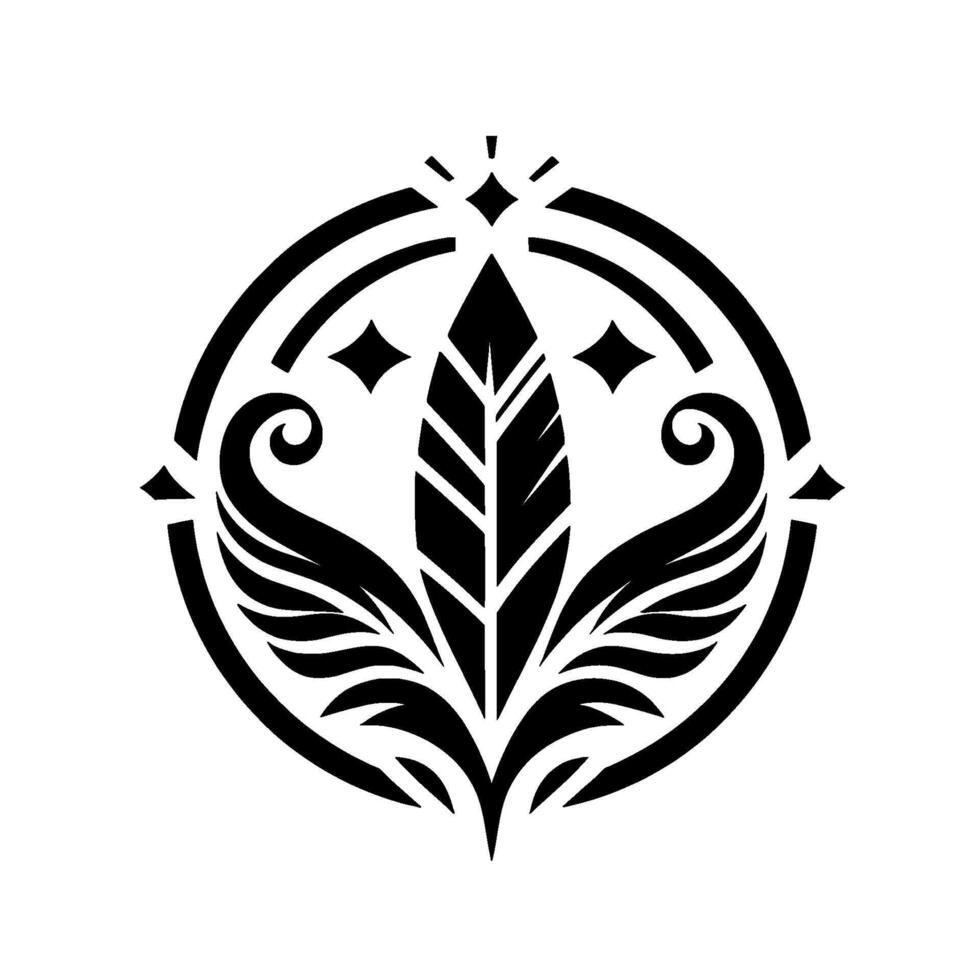 Black and White Symbolic Crest Featuring a Central Feather, Wings, Ornate Circle, and Decorative Elements on White. vector