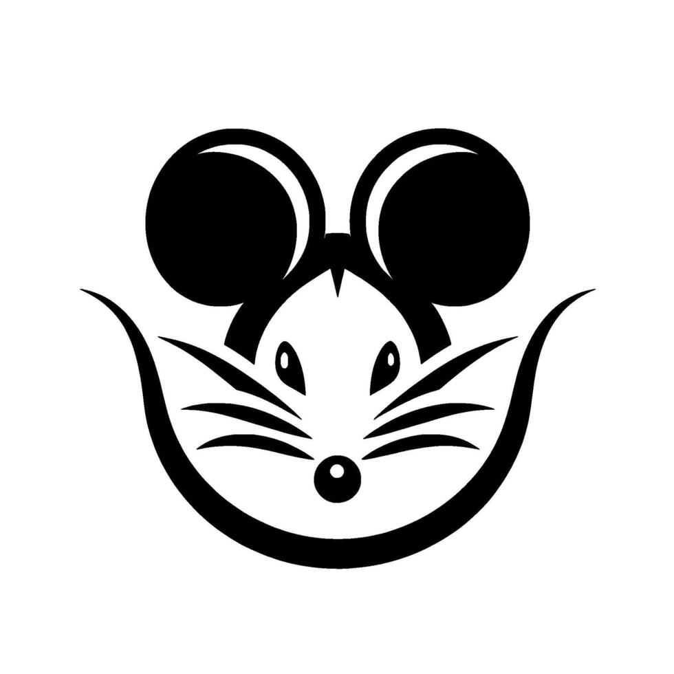 A minimalist black and white illustration of a cheerful mouse face, featuring large round ears, oval eyes, whisker accents, and a curved smiling mouth shape, all on a plain white background. vector