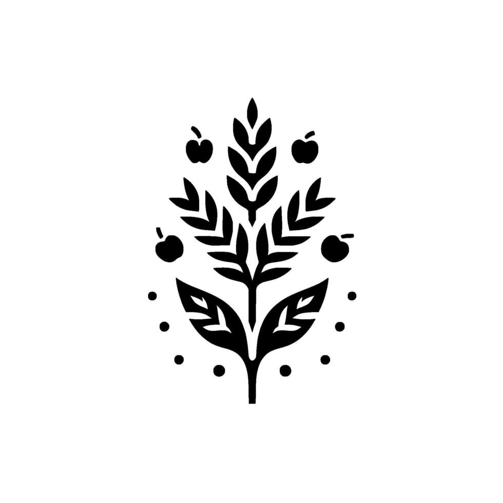A stylized, symmetrical of a flourishing plant with leaves, apples, and a central stalk, rendered in solid black on a white background. vector