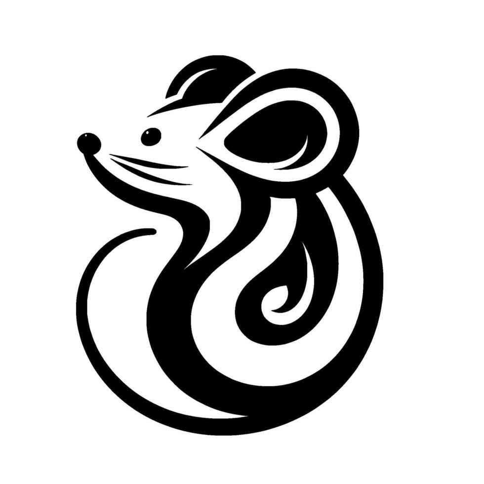 Whimsical Black and White Mouse Silhouette with Swirling Tail and Rounded Features, Evoking Playful and Modern Minimalism. vector