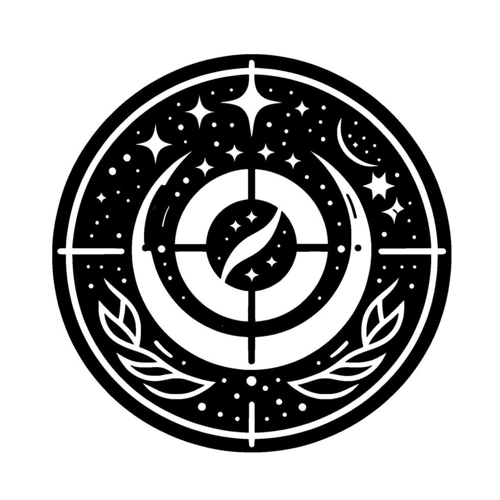 Celestial Emblem Intricate black and white circular featuring stars, crescent moons, targeting crosshair, and laurel leaves, evoking a sense of wonder and cosmic harmony. vector